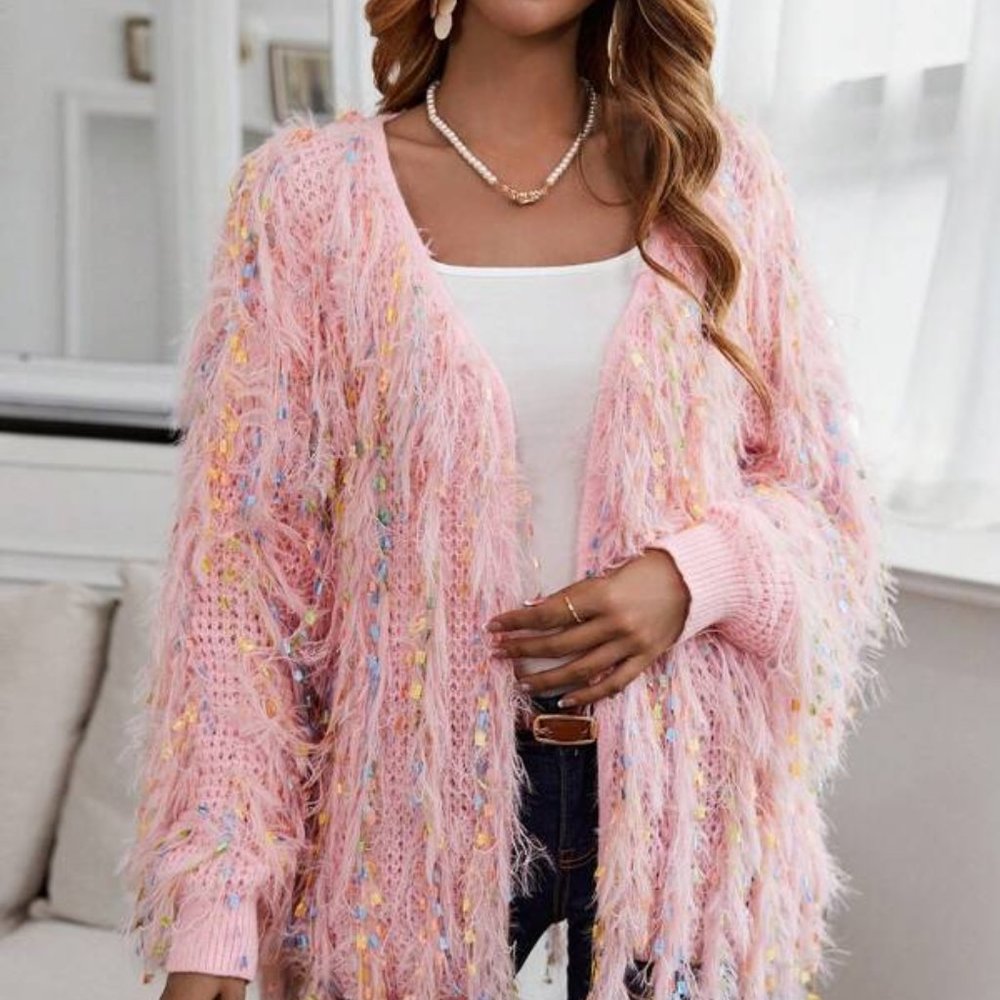 Pink Fluffy Fringe Trim Open Front Cardigan